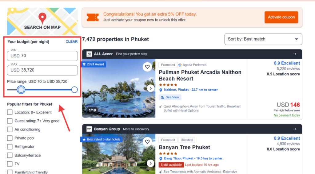 Enter you hotel booking price range